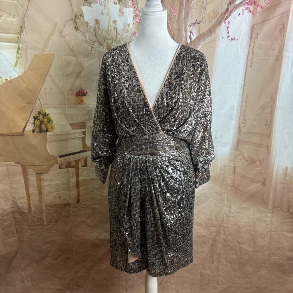 NEW ONE33 Social Leopard Print Draped Mini Sequin dress - Picture 2 of 12
